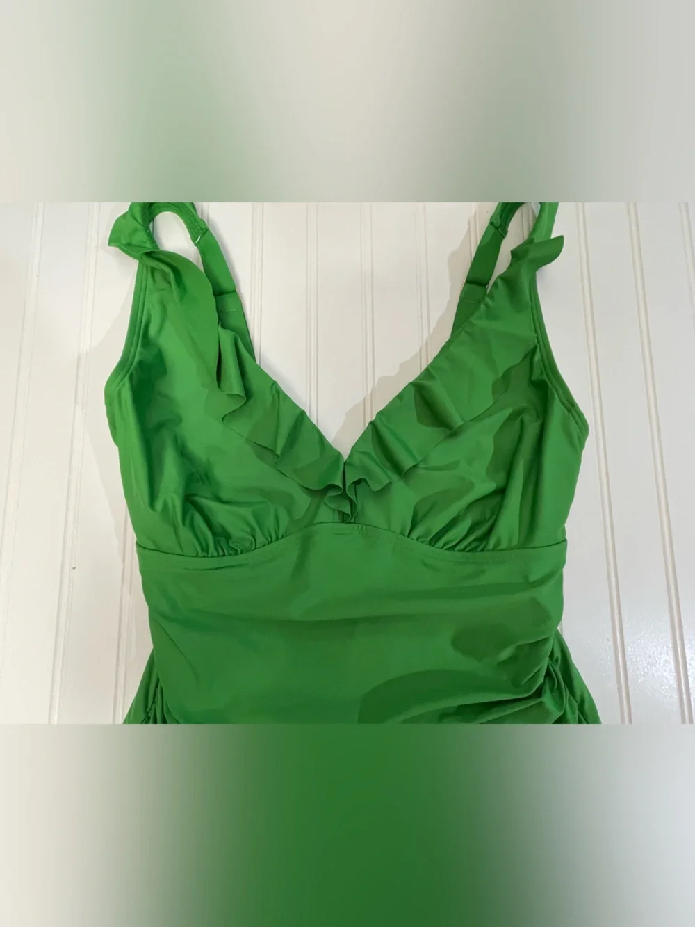 DKNY Ruffle Plunge Underwire Tummy Control One-Piece Swimsuit Grass Green XL - Picture 5 of 10